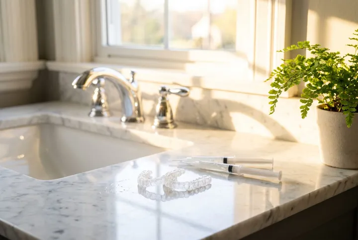 A clear whitening tray beside a fanned porcelain shade guide in warm window light